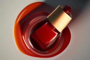 parte superior ver de un botella de rojo uña polaco barniz fluye ilustración ai generativo foto