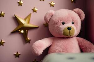 pink wall with gold stars stickers and teddy bear in the interior. Illustration photo