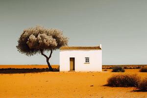 Lonely house in the desert with a tree. Illustration photo