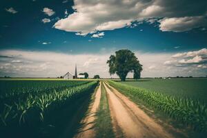 verde maíz granja tierras de cultivo con Perfecto cielo. ilustración ai generativo foto