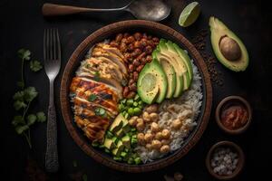 Grilled chicken rice spicy chickpeas avocado cabbage. Illustration photo