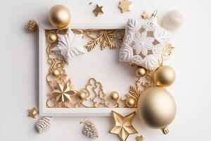 Christmas composition. Christmas gold decorations on a white. Illustration photo
