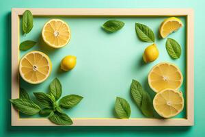 Lemons on mint background with place for text. Illustration photo