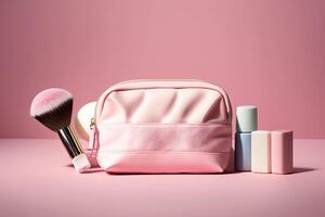 Pink make-up bag with cosmetic products. Illustration photo