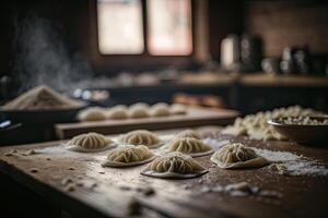 Pierogi in the making on a wooden background. Illustration photo