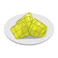 ketupat en un plato vector ilustración, ketupat asiático tradicional arroz albóndigas, aislado en blanco