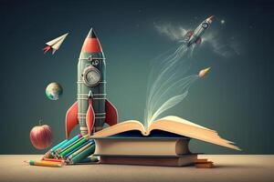 Books And Pencils With Rocket Sketch. Illustration photo