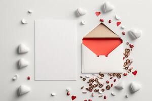 Valentine Day card mockup with hearts and red envelope. Illustration photo