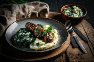 Grilled sausages with mashed potatoes. Illustration photo