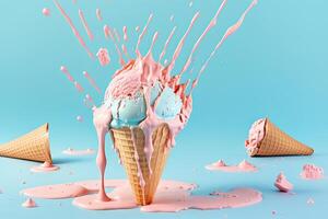 Pink ice cream melting and spilling from the waffle cone. Illustration photo