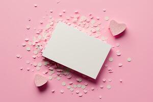 Blank paper card mock up on pink background with pink heart. Illustration photo