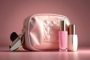 Pink make-up bag with cosmetic products. Illustration photo