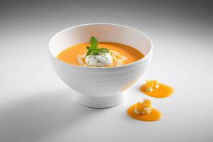 Mandarin gazpacho dessert served in a white bowl. Illustration photo