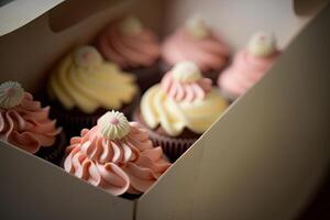 Cupcake packaging delivery box vanilla cupcakes. Illustration photo