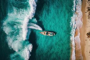 Wave and boat on the beach as background. Beautiful nature. Illustration photo