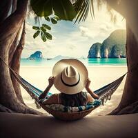 Woman relax in hammock on summer beach. Illustration photo