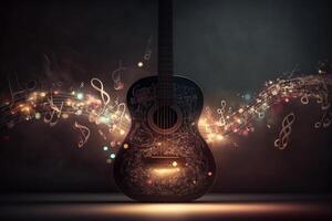 festivo antecedentes con guitarra y musical notas ilustración ai generativo foto