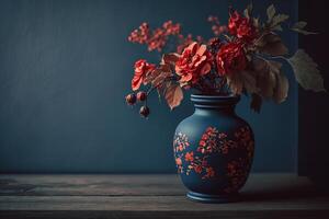 Small Bouquet of Red Flowers in Vintage Vase on Wood Table. Illustration photo