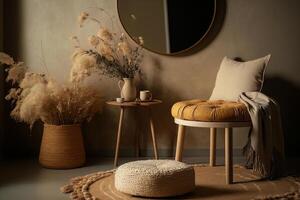 neutral concepto de vivo habitación interior con diseño madera. ilustración ai generativo foto