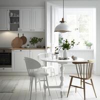 Scandinavian classic white kitchen with wooden details. Illustration photo