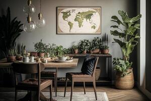 Stylish and botany interior of dining room. Illustration AI Generative photo
