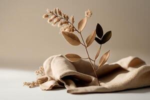 Dry plant on linen fabric background. Illustration photo