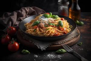 Delicious mouth-watering classic Italian spaghetti pasta. Illustration AI Generative photo
