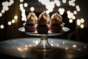 Cupcakes on a cake stand with sparklers. Illustration photo