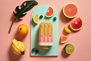 Fruit popsicle with ingredients over pink tile background. Illustration photo