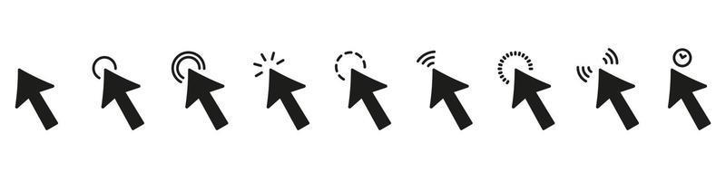 Computer Cursor Arrow Silhouette Pictogram Set. Digital Web Point for Website Solid Icon. Mouse Pointer Glyph Icon. Link Website, Push, Choose, Press. Editable Stroke. Isolated Vector Illustration.