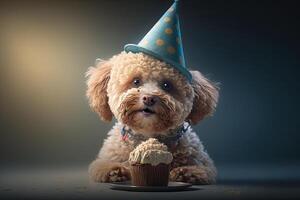 dogs in birthday caps sit at party. Illustration photo