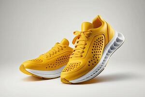 Flying yellow leather womens sneaker isolated on white background. Illustration photo