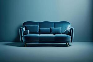 Stylish blue fabric sofa with wooden legs on blue background. Illustration photo