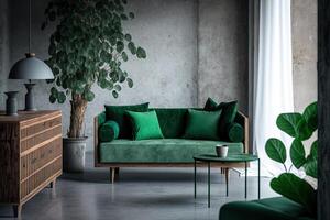 Interior of living room loft style with green fabric sofa. Illustration photo