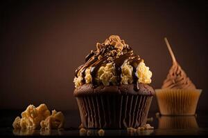 Chocolate caramel cupcake with nuts and butterscotch. Illustration photo