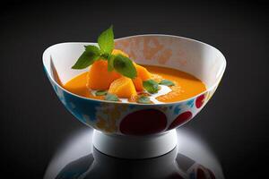 Mandarin gazpacho dessert served in a white bowl. Illustration photo