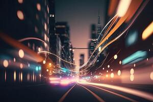 Abstract speed light flow through the city with gradient. Illustration photo