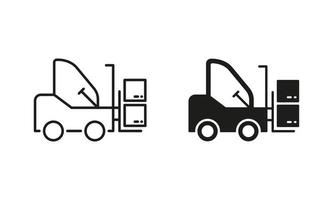 Forklift Truck Silhouette and Line Icon Set. Fork Lift on Warehouse Pictogram. Cargo Machine Loader Icon. Delivery Service Transportation Equipment. Editable Stroke. Isolated Vector Illustration.