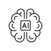 Artificial Intelligence Black Line Icon. AI with Human Brain Linear Pictogram. Digital Technology Symbol on White Background. Editable Stroke. Isolated Vector Illustration.