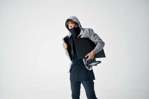 hacker hooded head hacking technology security isolated background photo