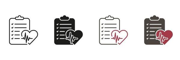 diagnóstico reporte línea y silueta icono colocar. salud información en portapapeles, hospital nota, diagnóstico documento. médico grabar negro y color símbolo recopilación. aislado vector ilustración.