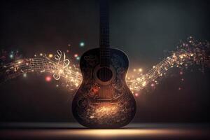 festivo antecedentes con guitarra y musical notas ilustración ai generativo foto