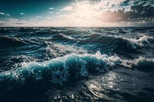 paisaje de un ondulado mar debajo el luz de sol y un azul. ilustración ai generativo foto