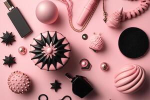 Christmas composition. Christmas pink and black decoration. Illustration photo