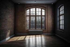 An empty room with a large loft-style window. Illustration photo