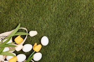 Easter eggs lie on green grass Copy Space decoration photo