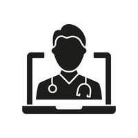 icono de silueta de medicina digital en línea. médico en computadora atención médica glifo en línea pictograma negro. icono de servicio de medicina virtual. telemedicina ilustración vectorial aislada. vector