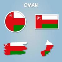 Flag of Sultanate of Oman overlaid on outline map isolated on blue background. vector