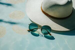 Sunglasses and straw hat on marble swimming pool side. Illustration photo