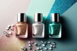 Trendy design template with nail polish glass bottles. Illustration photo